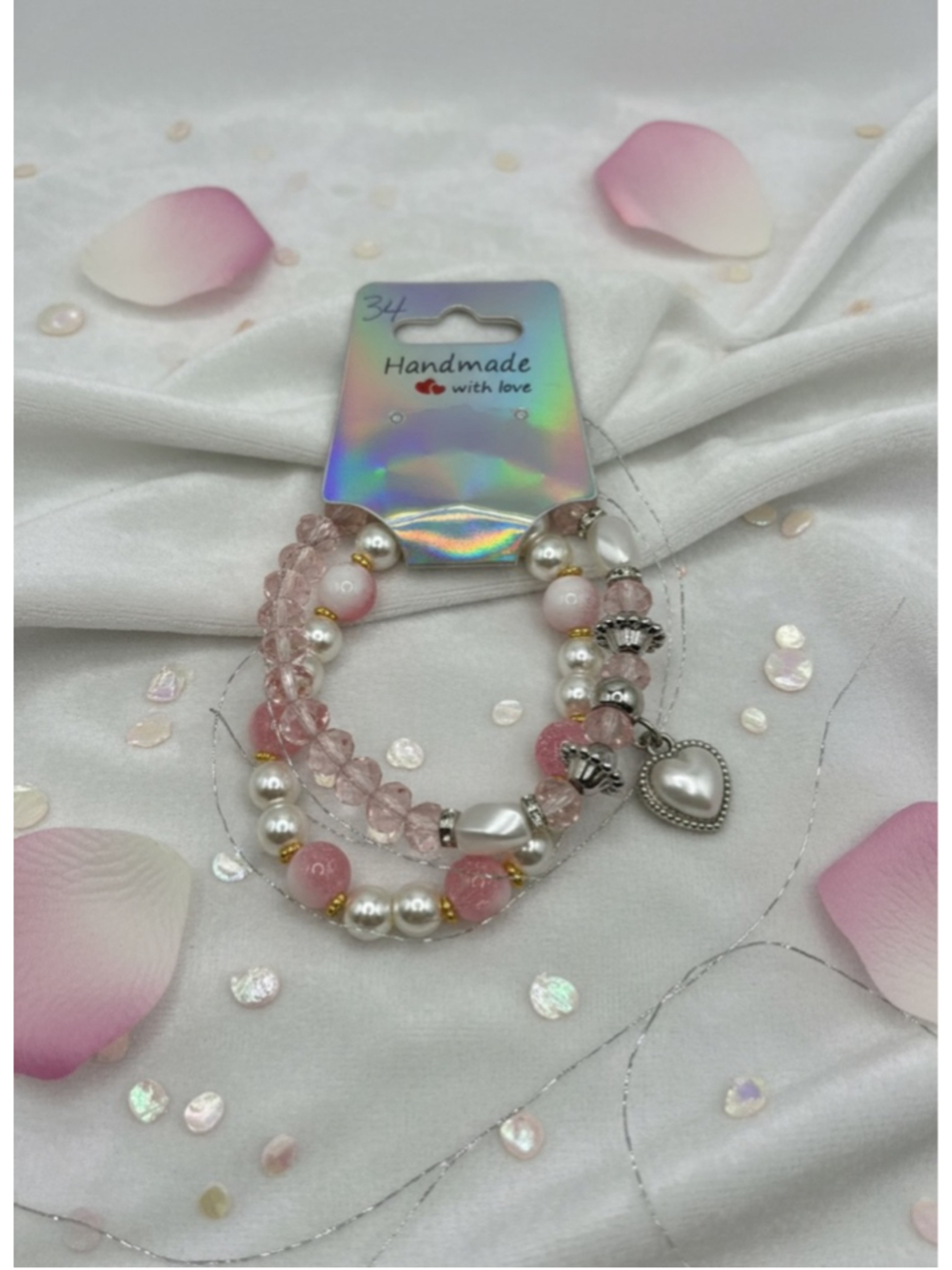 Pink Pearl Beaded Bracelet Set Heart Charm Cottagecore NWOT